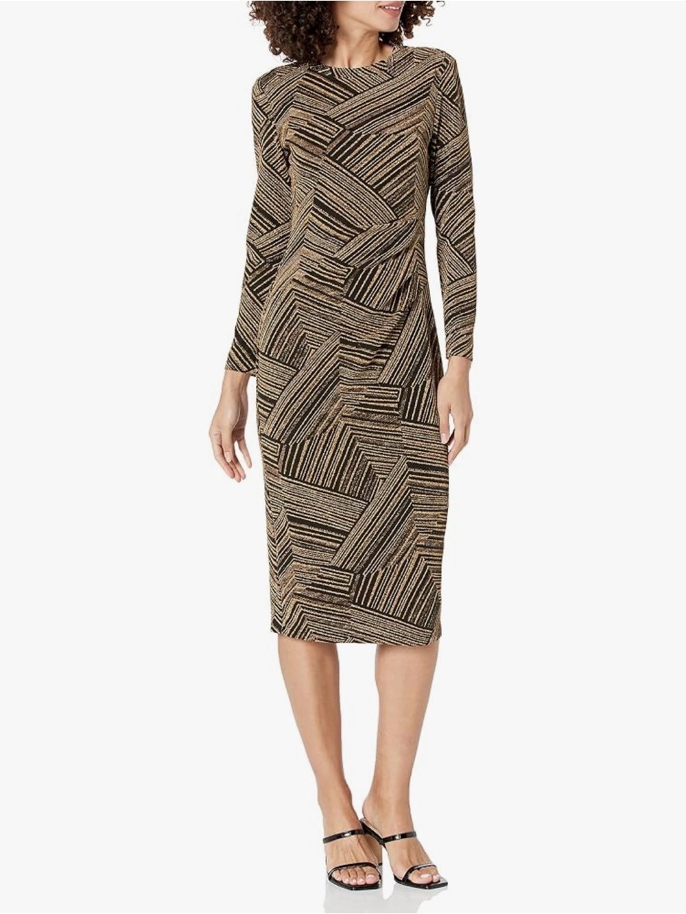 Anne Klein Long-Sleeve Geometric Midi Dress in Black and Gold